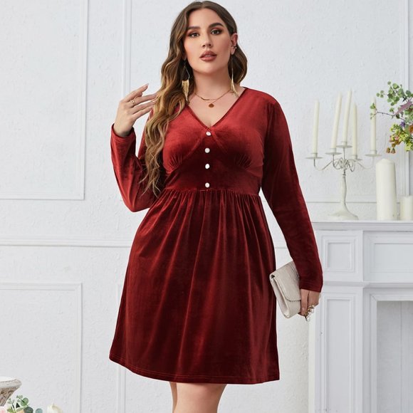 Melo Apparel Plus Size V-Neck Decorative Button Knee Length Dress - Picture 2 of 8